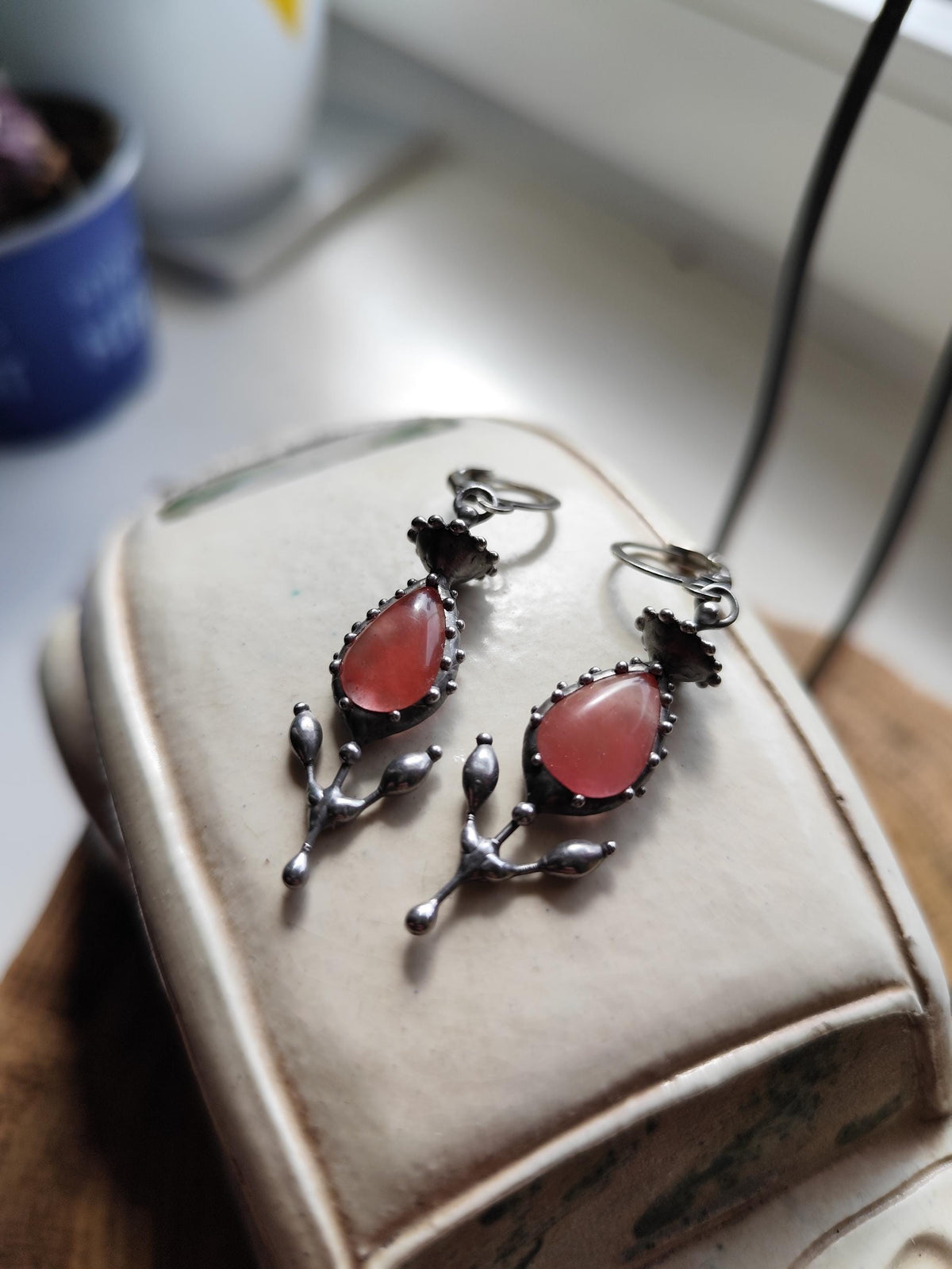 Watermelon Agate Flower Earrings – Silver Tone