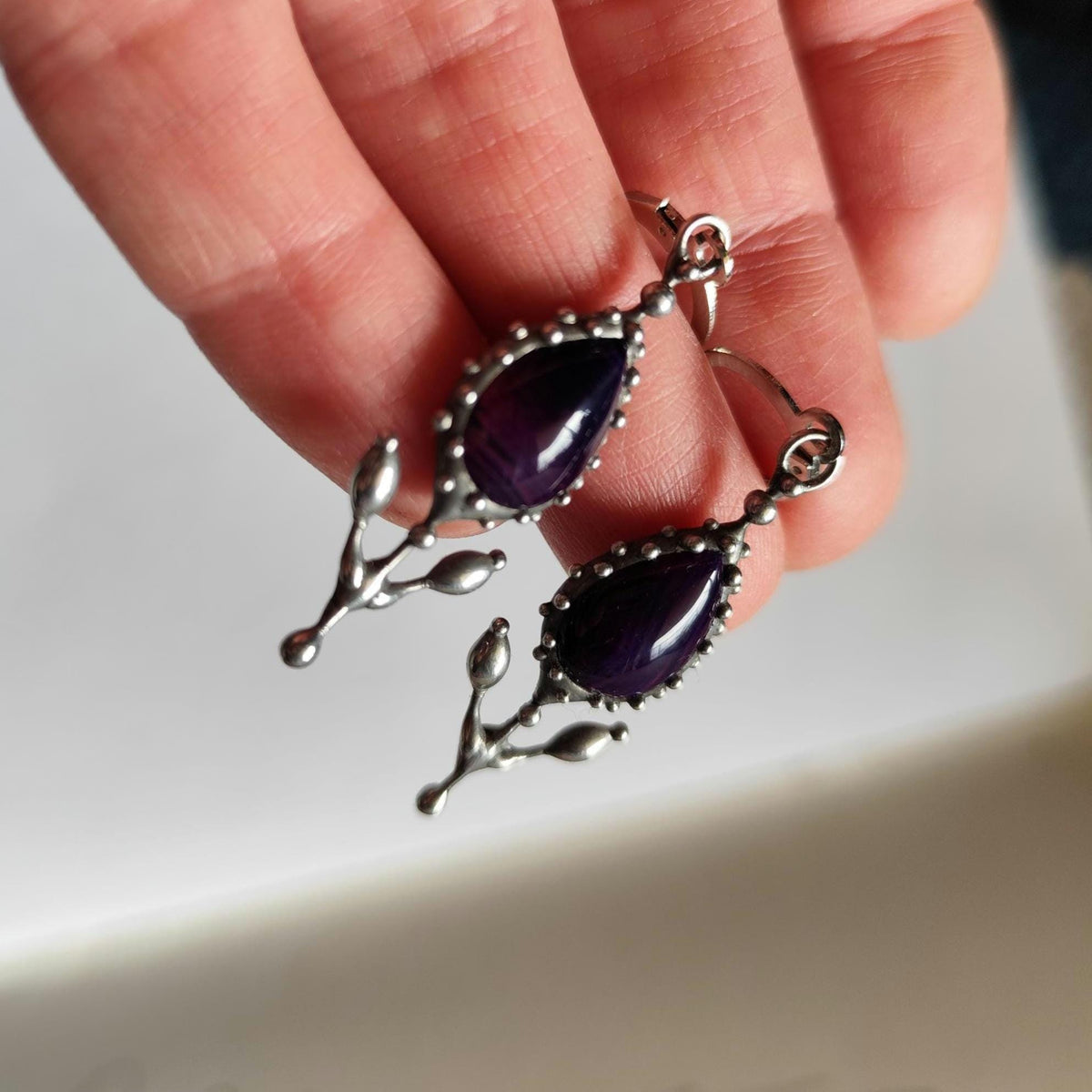 Purple Agate Flower Earrings – Silver Tone