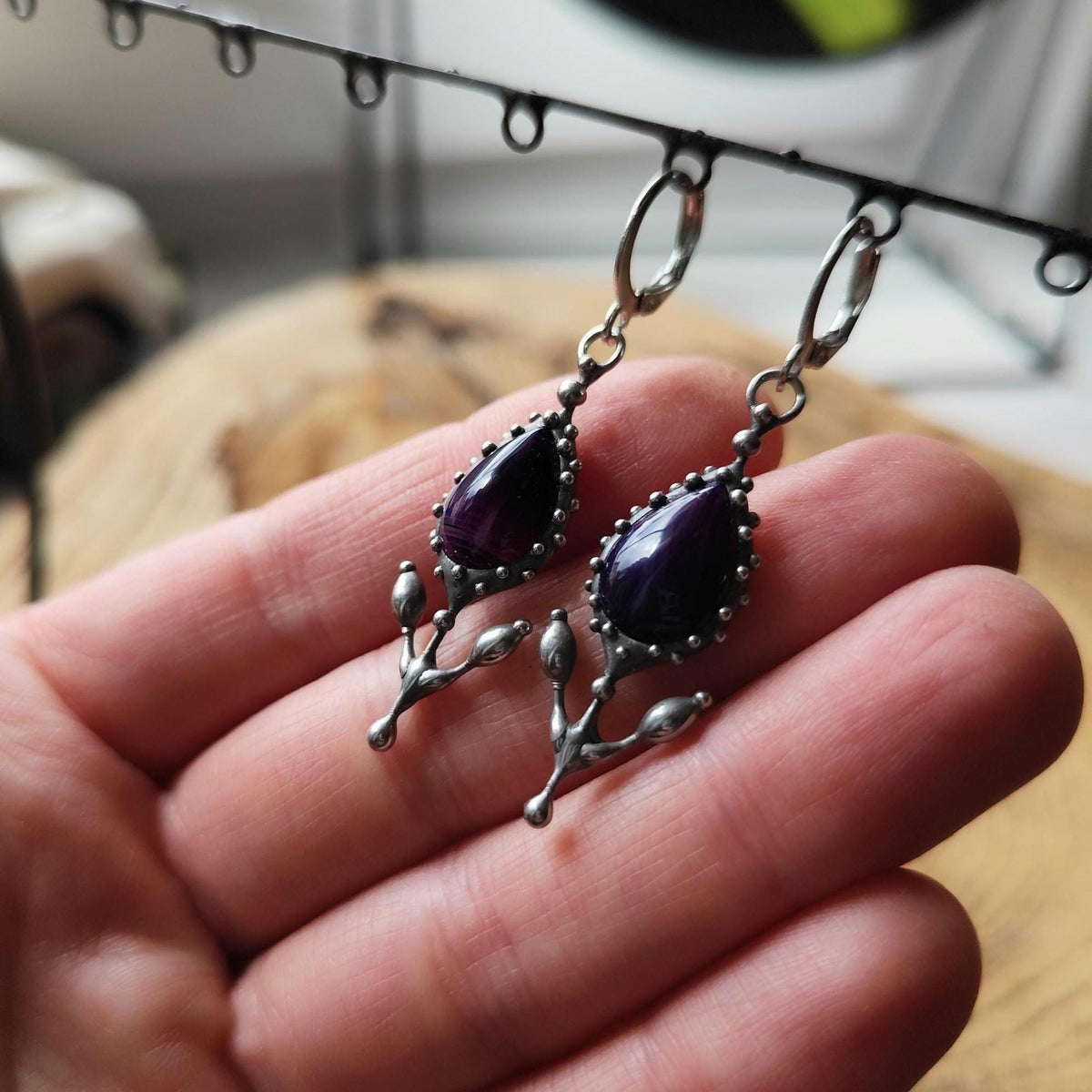 Purple Agate Flower Earrings – Silver Tone