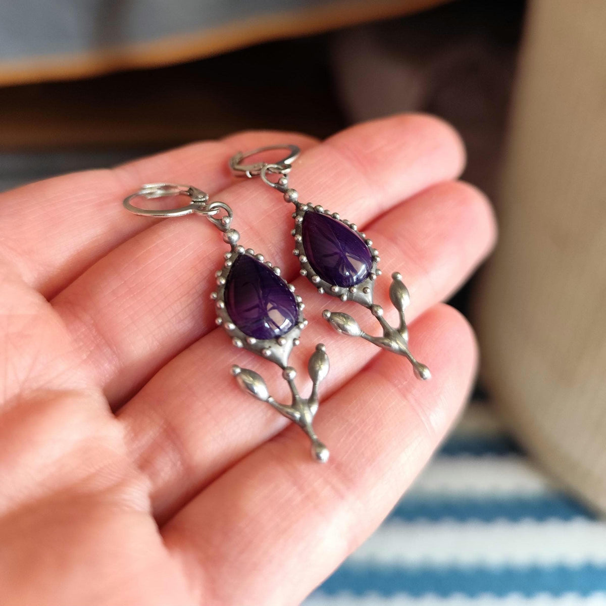 Purple Agate Flower Earrings – Silver Tone