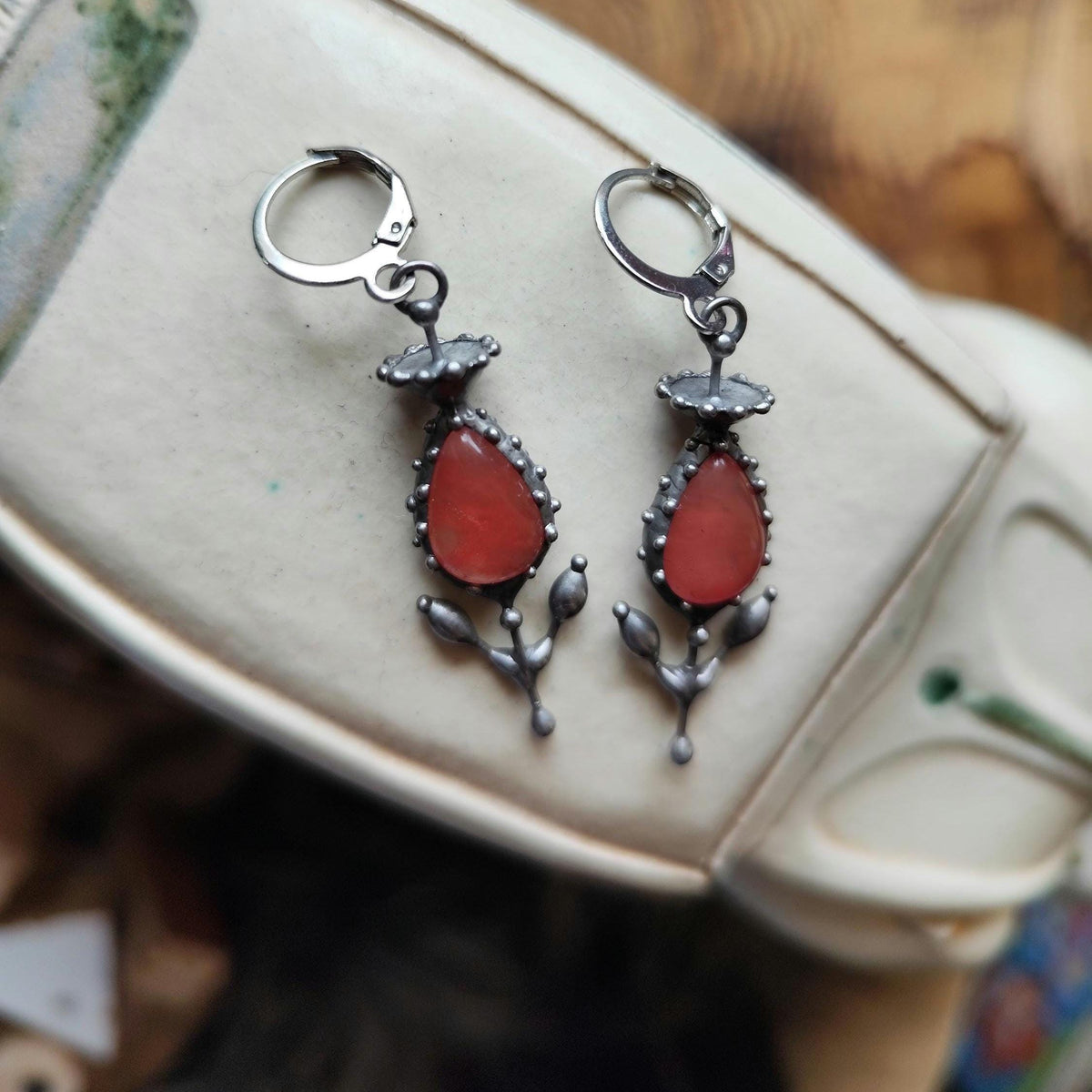 Watermelon Agate Flower Earrings – Silver Tone