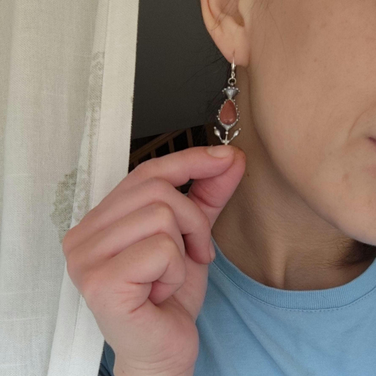 Watermelon Agate Flower Earrings – Silver Tone
