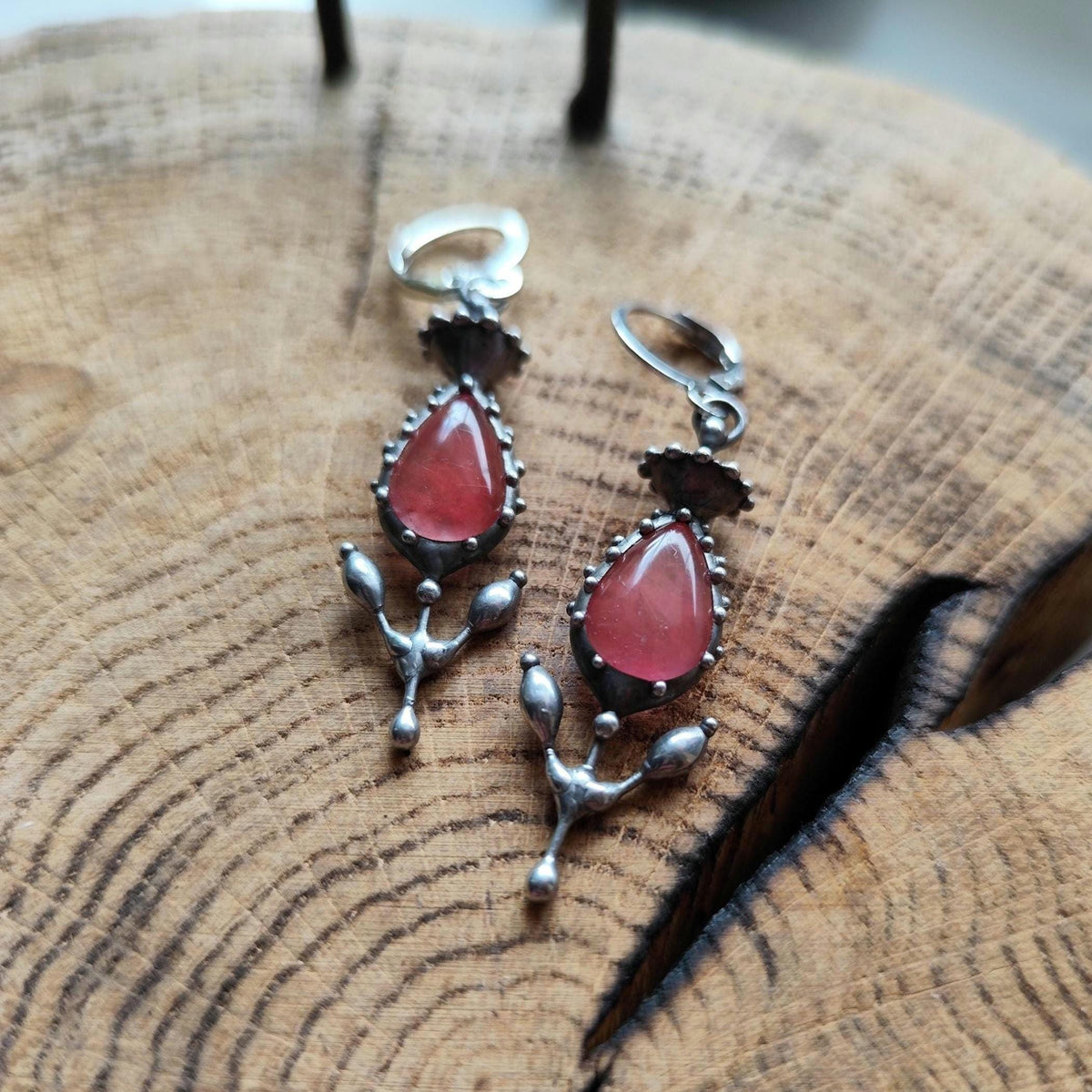 Watermelon Agate Flower Earrings – Silver Tone