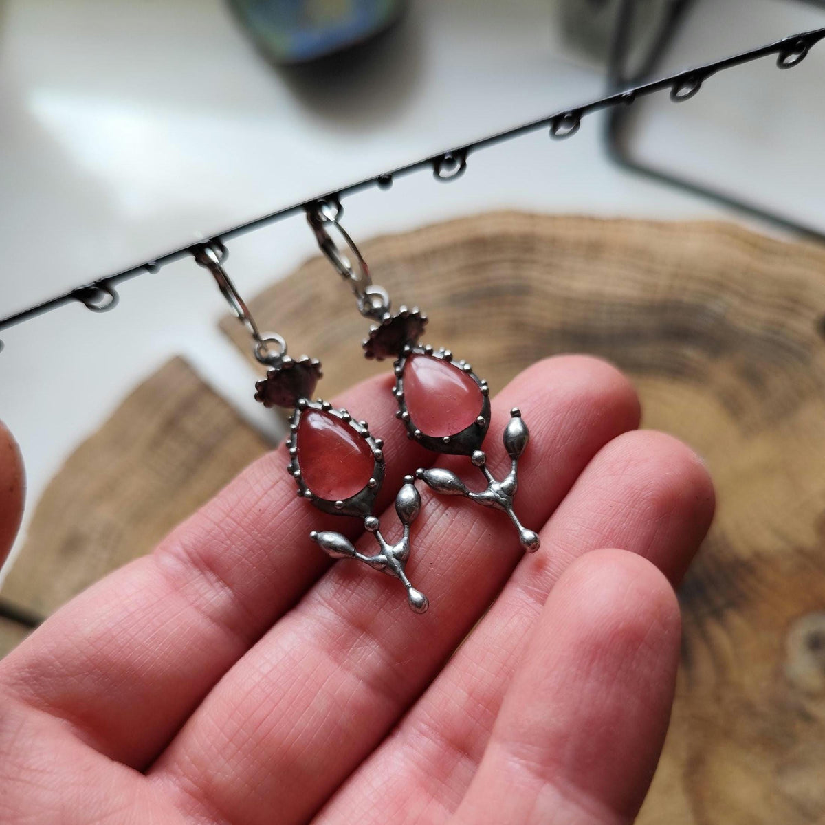 Watermelon Agate Flower Earrings – Silver Tone