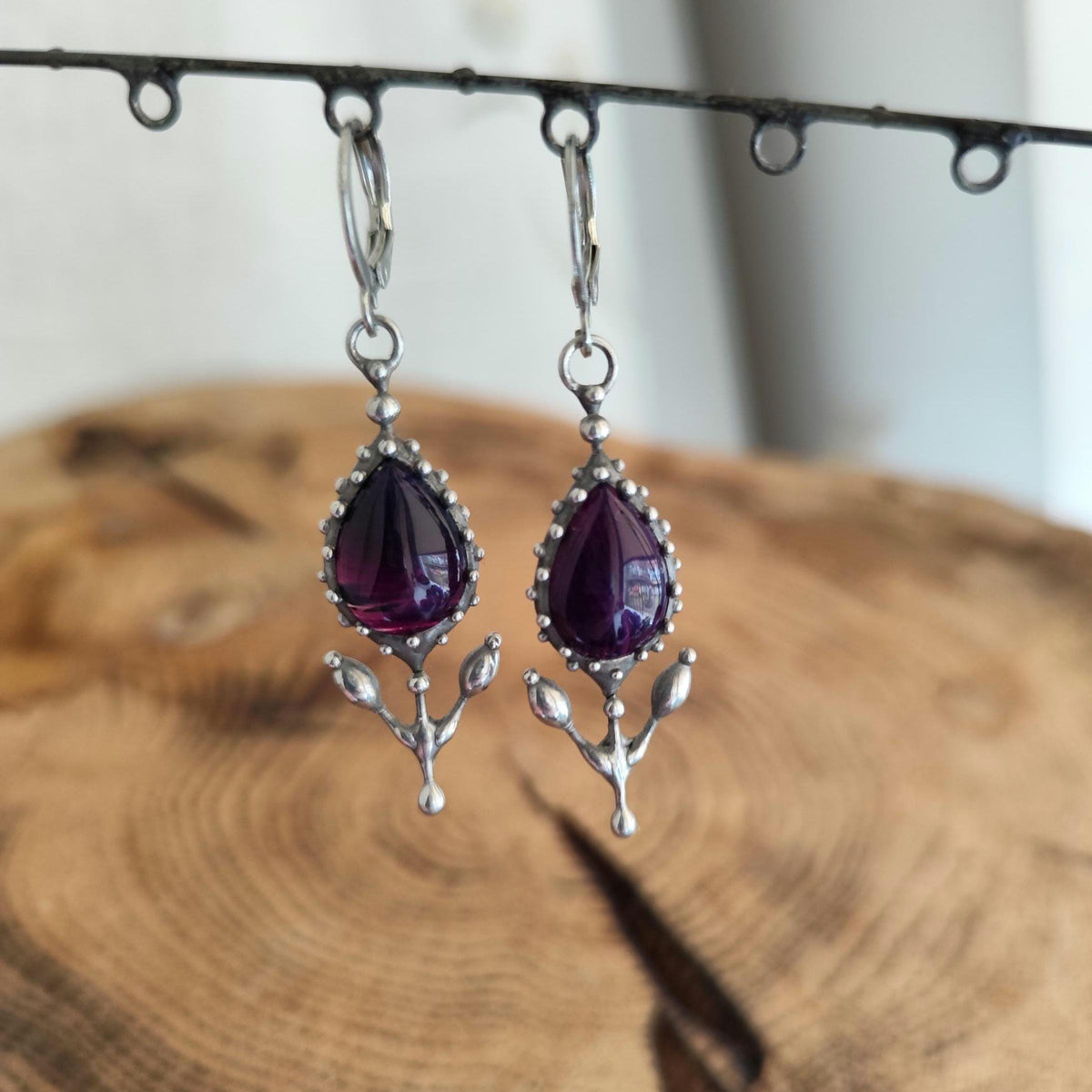 Purple Agate Flower Earrings – Silver Tone