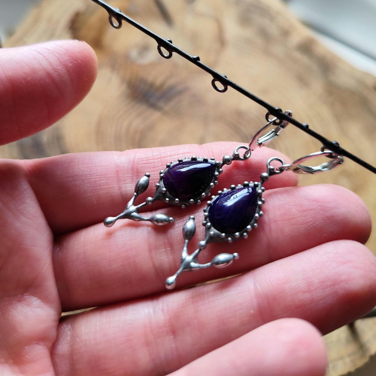 Purple Agate Flower Earrings – Silver Tone