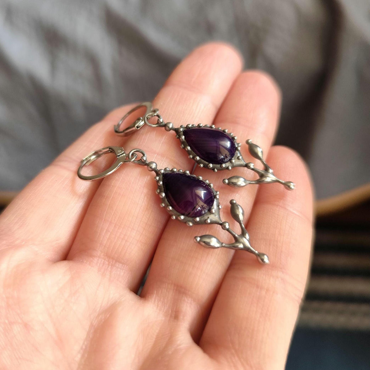 Purple Agate Flower Earrings – Silver Tone