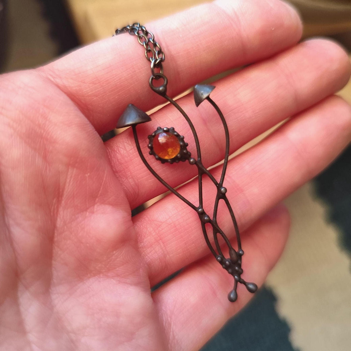 Yellow Glass Mushroom Necklace – Blackened Copper & Pewter Forest