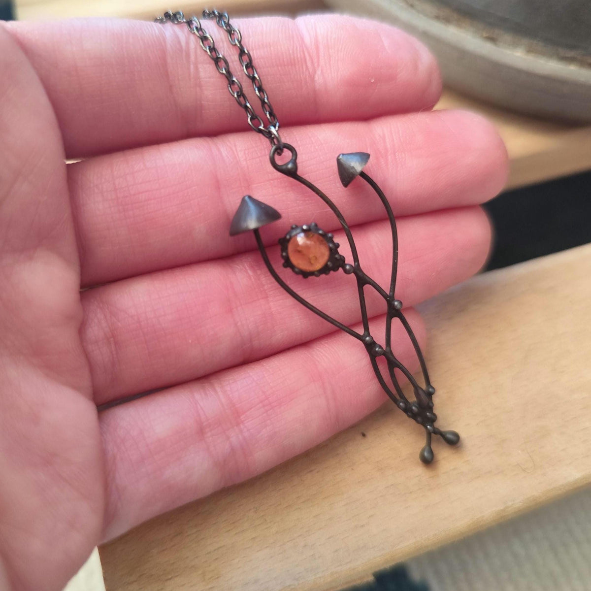 Yellow Glass Mushroom Necklace – Blackened Copper & Pewter Forest