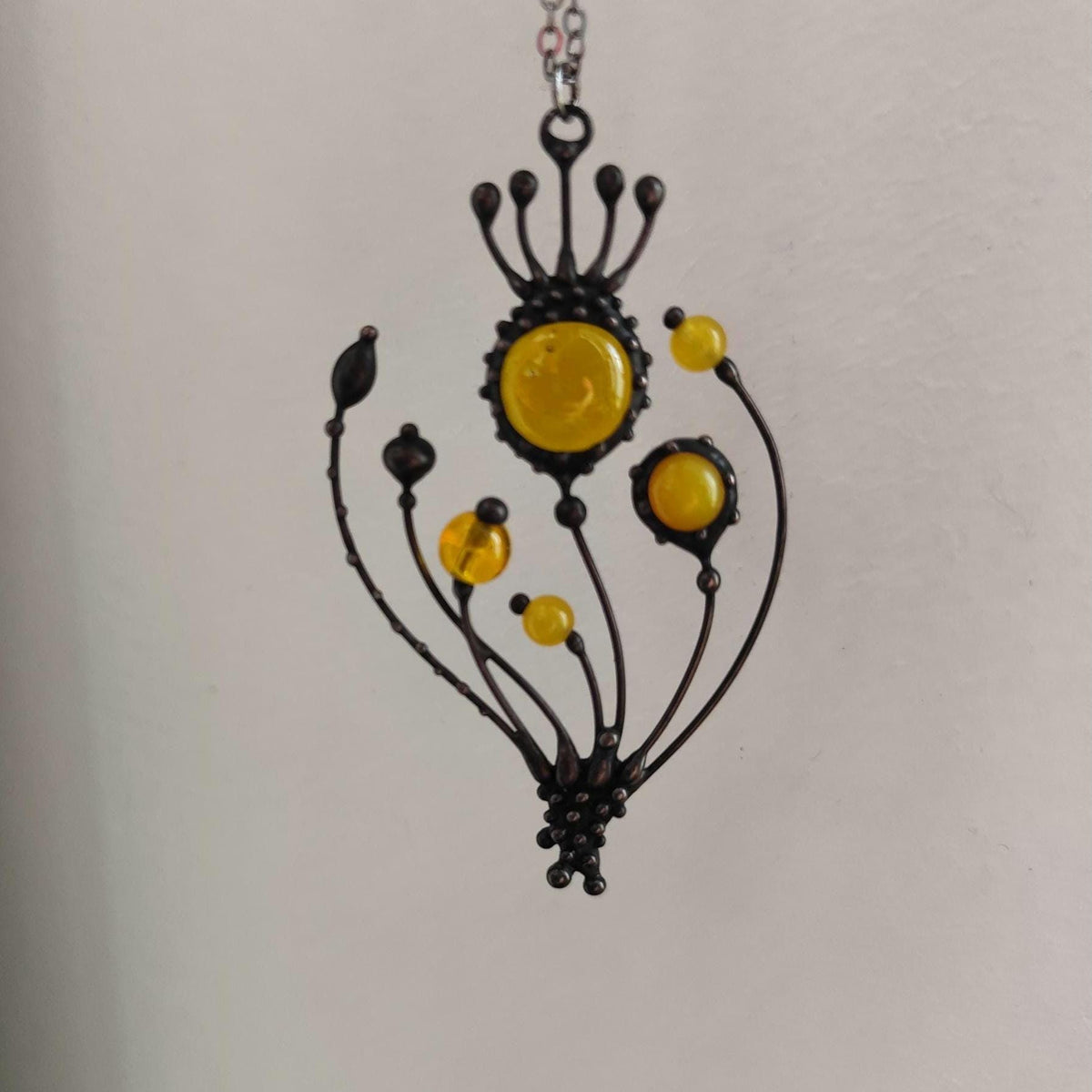 Yellow Glass Poppy Pendant Necklace – Blackened Copper