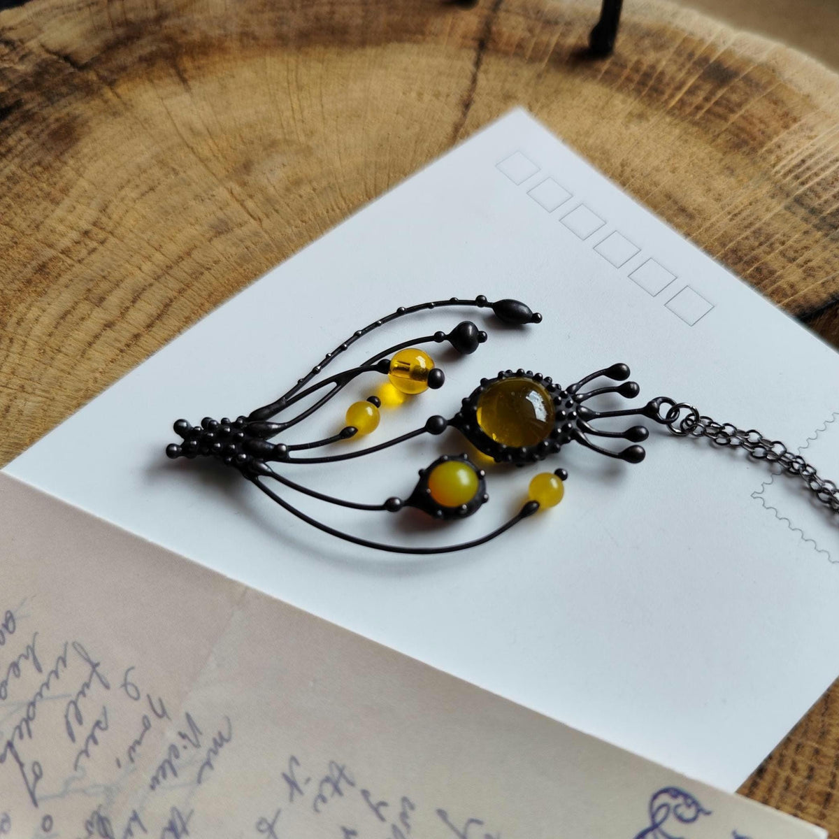 Yellow Glass Poppy Pendant Necklace – Blackened Copper
