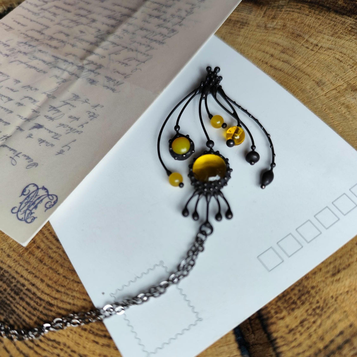 Yellow Glass Poppy Pendant Necklace – Blackened Copper