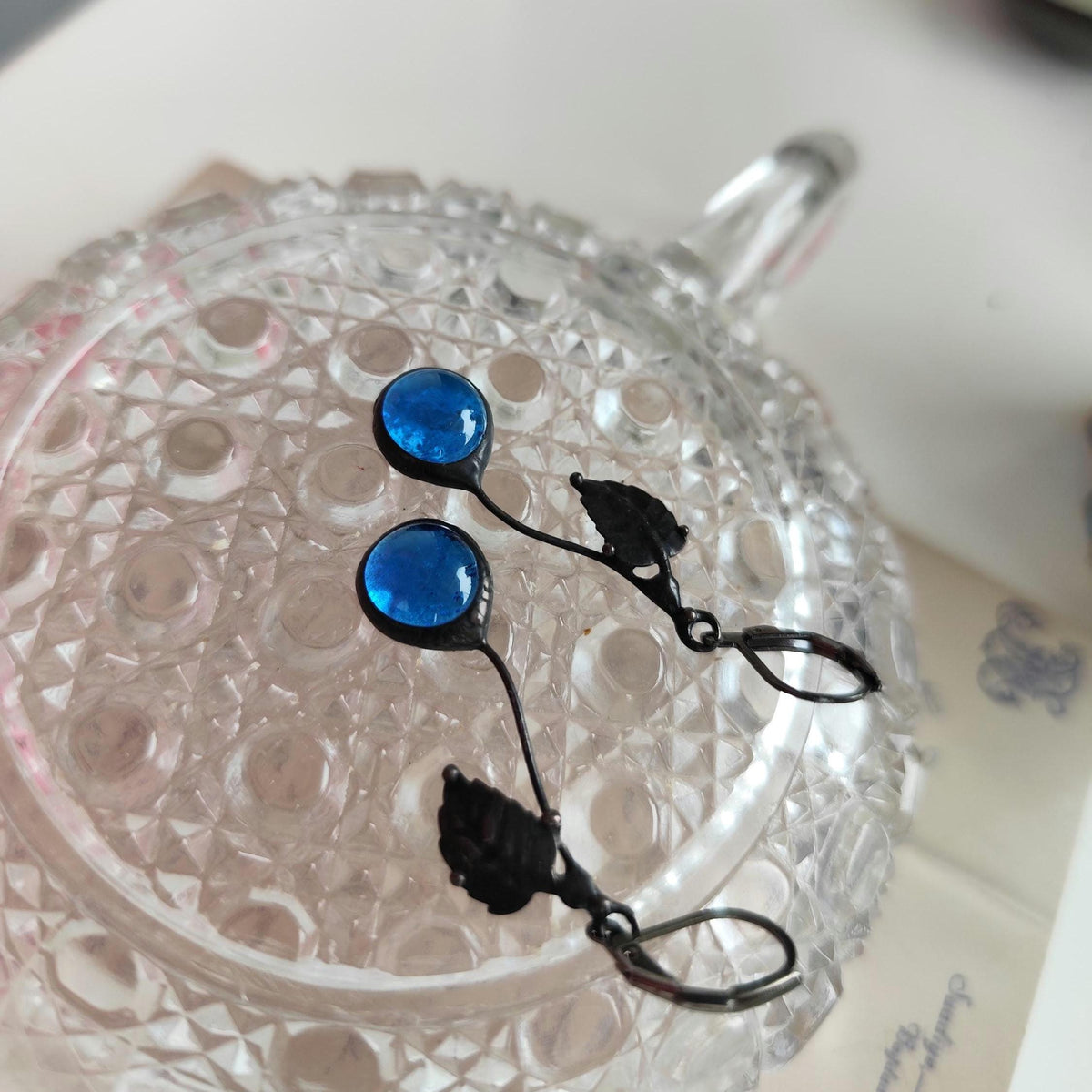 Blue Glass Cherry Earrings – Blackened Copper