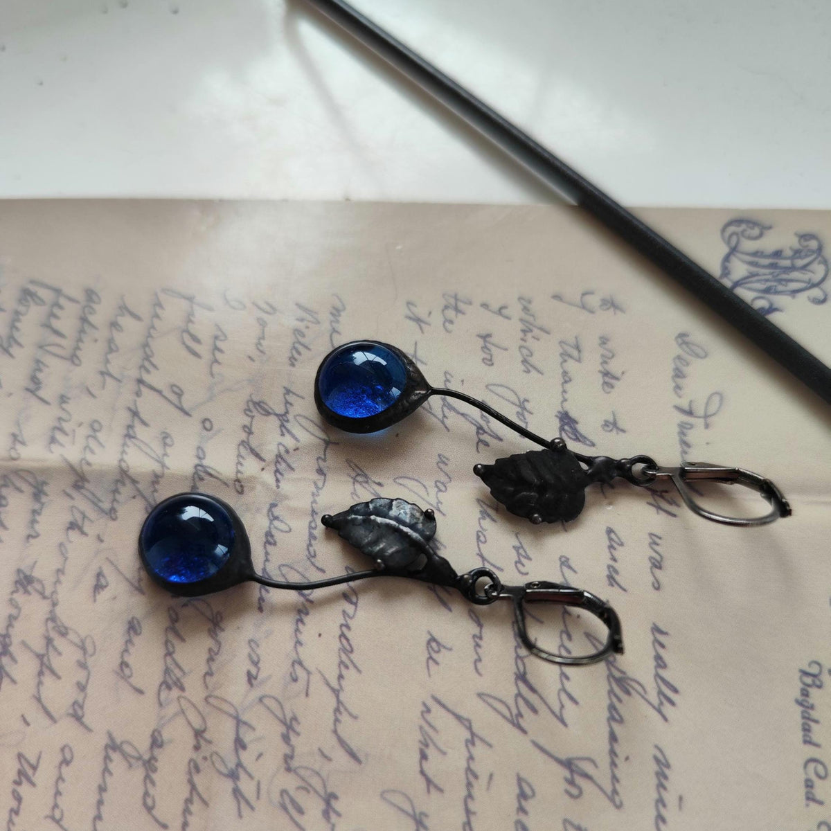 Blue Glass Cherry Earrings – Blackened Copper
