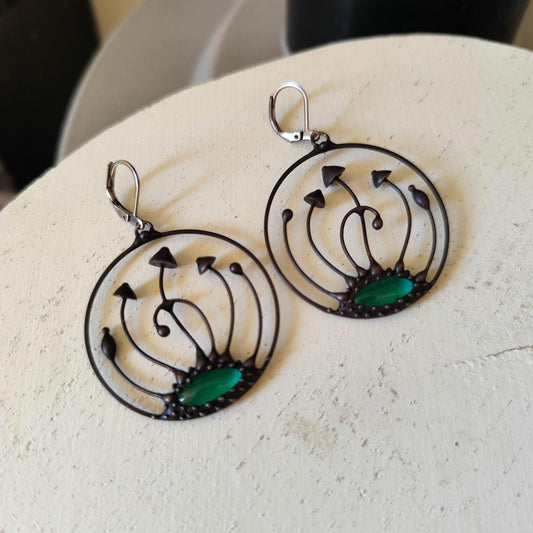 Green Glass Mushroom Hoop Earrings – Blackened Copper