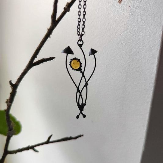 Yellow Glass Mushroom Necklace – Blackened Copper & Pewter Forest
