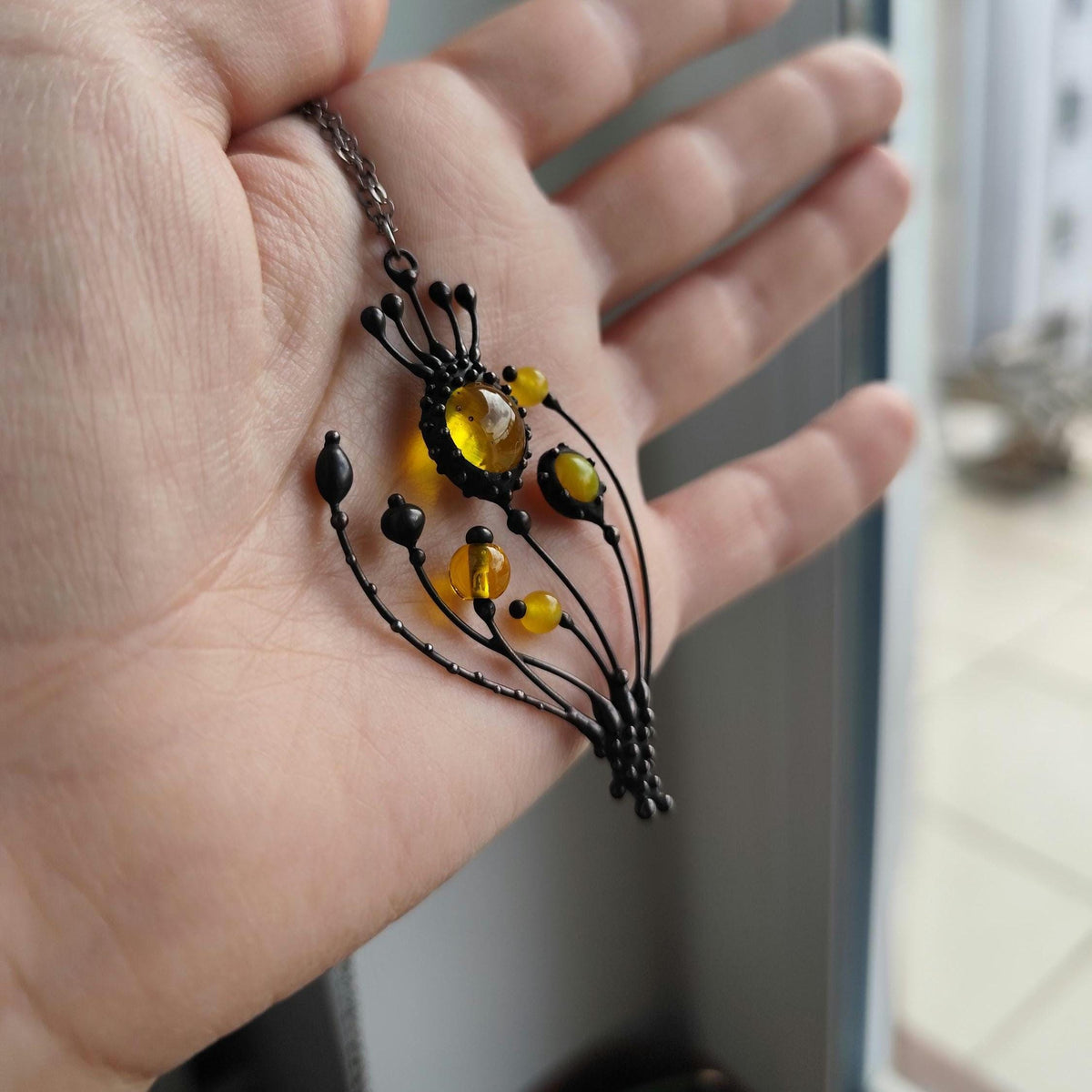 Yellow Glass Poppy Pendant Necklace – Blackened Copper