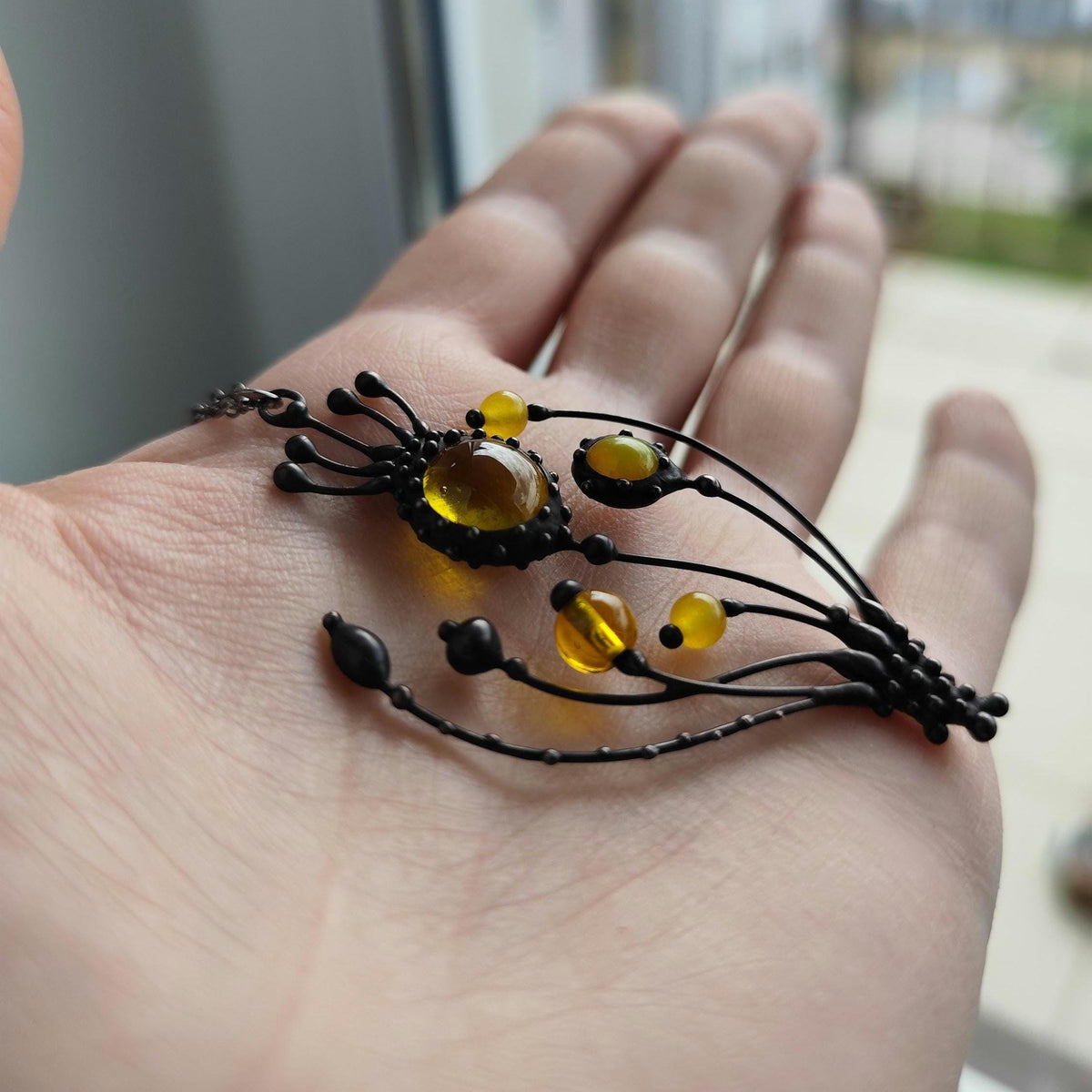 Yellow Glass Poppy Pendant Necklace – Blackened Copper