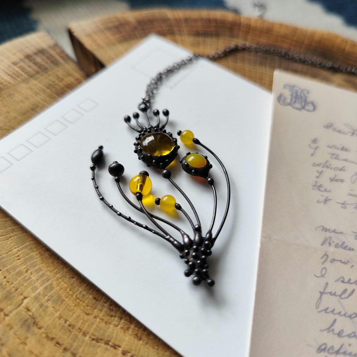 Yellow Glass Poppy Pendant Necklace – Blackened Copper