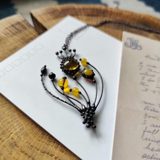 Yellow Glass Poppy Pendant Necklace – Blackened Copper