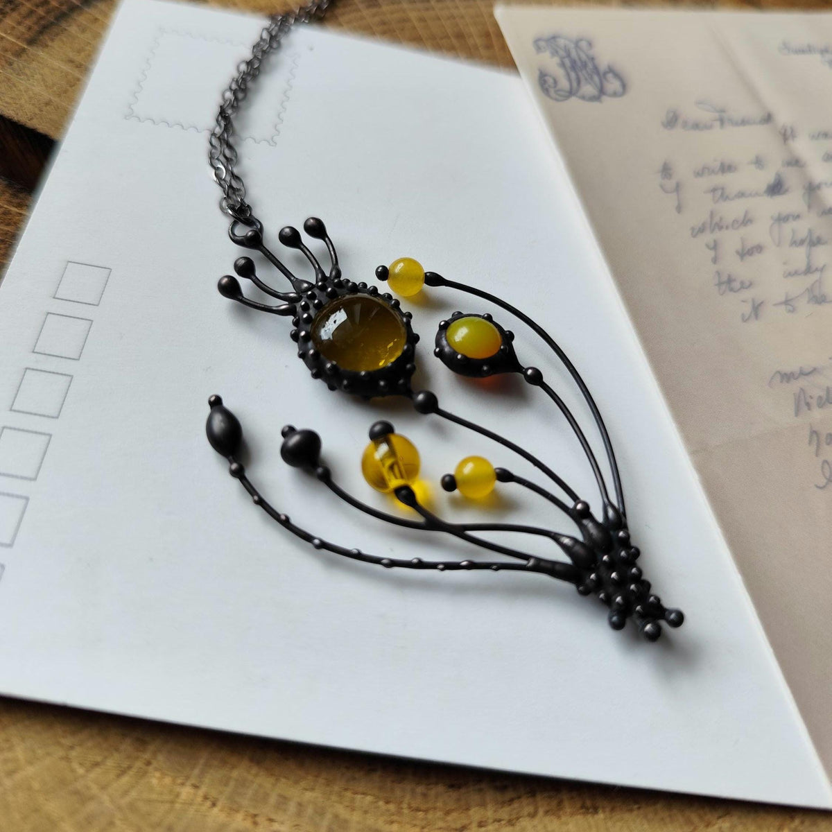 Yellow Glass Poppy Pendant Necklace – Blackened Copper