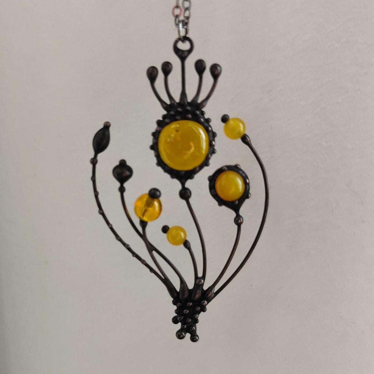 Yellow Glass Poppy Pendant Necklace – Blackened Copper