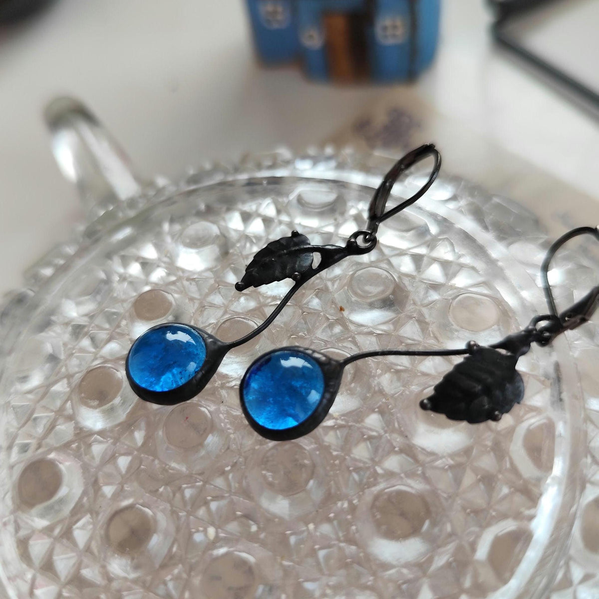 Blue Glass Cherry Earrings – Blackened Copper