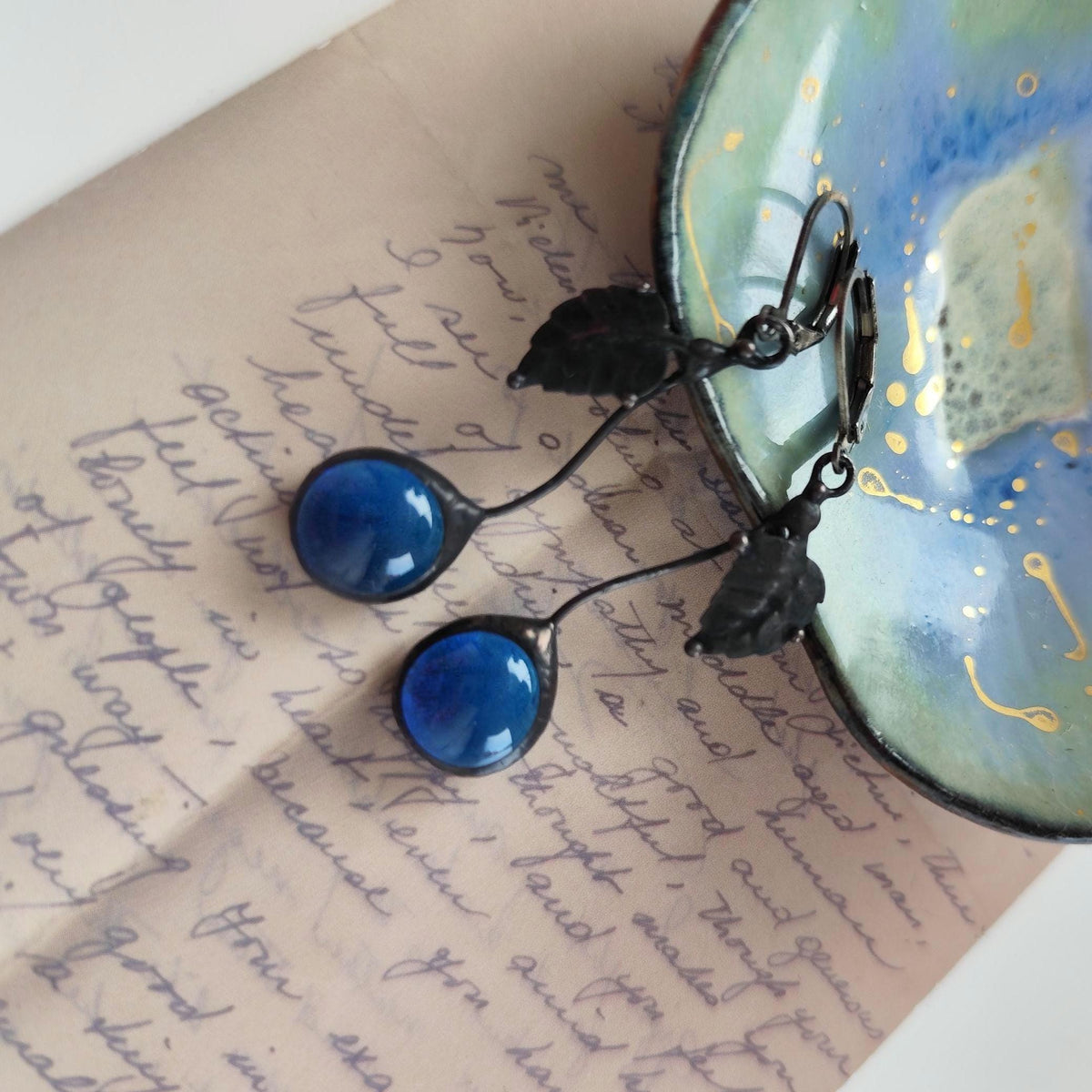 Blue Glass Cherry Earrings – Blackened Copper