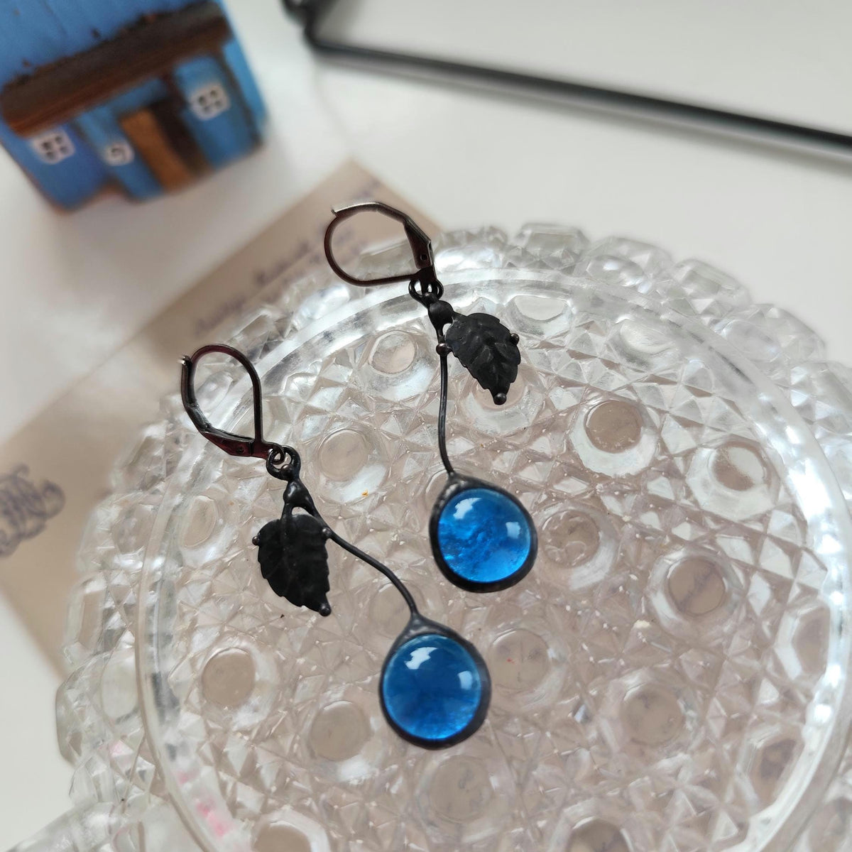 Blue Glass Cherry Earrings – Blackened Copper
