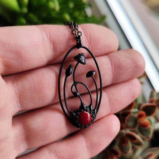 Red Glass Amanita Mushroom Pendant Necklace – Blackened Copper