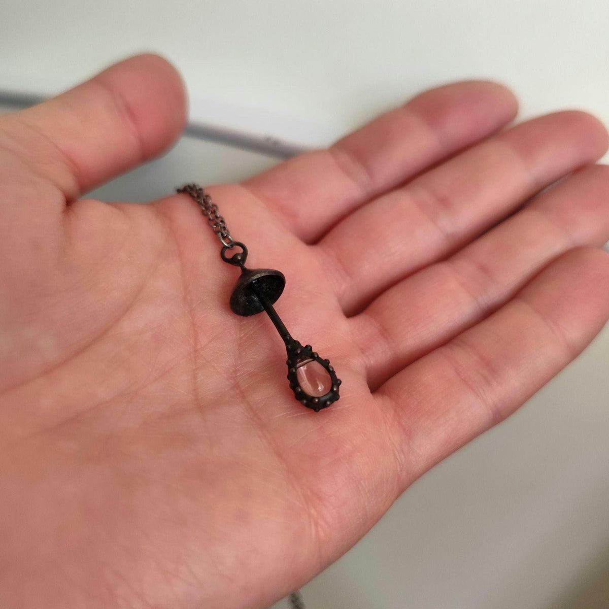 Clear Glass Mushroom Necklace – Blackened Copper & Pewter Forest