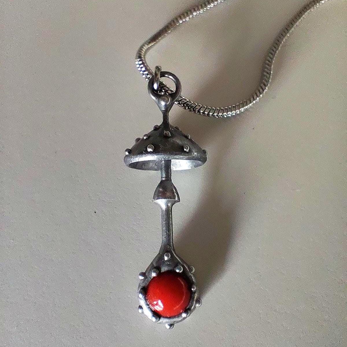 Red Glass Amanita Mushroom Pendant – Silver Tone