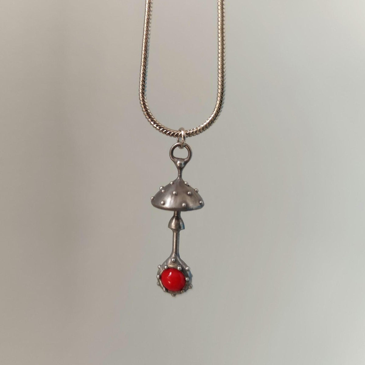 Red Glass Amanita Mushroom Pendant – Silver Tone