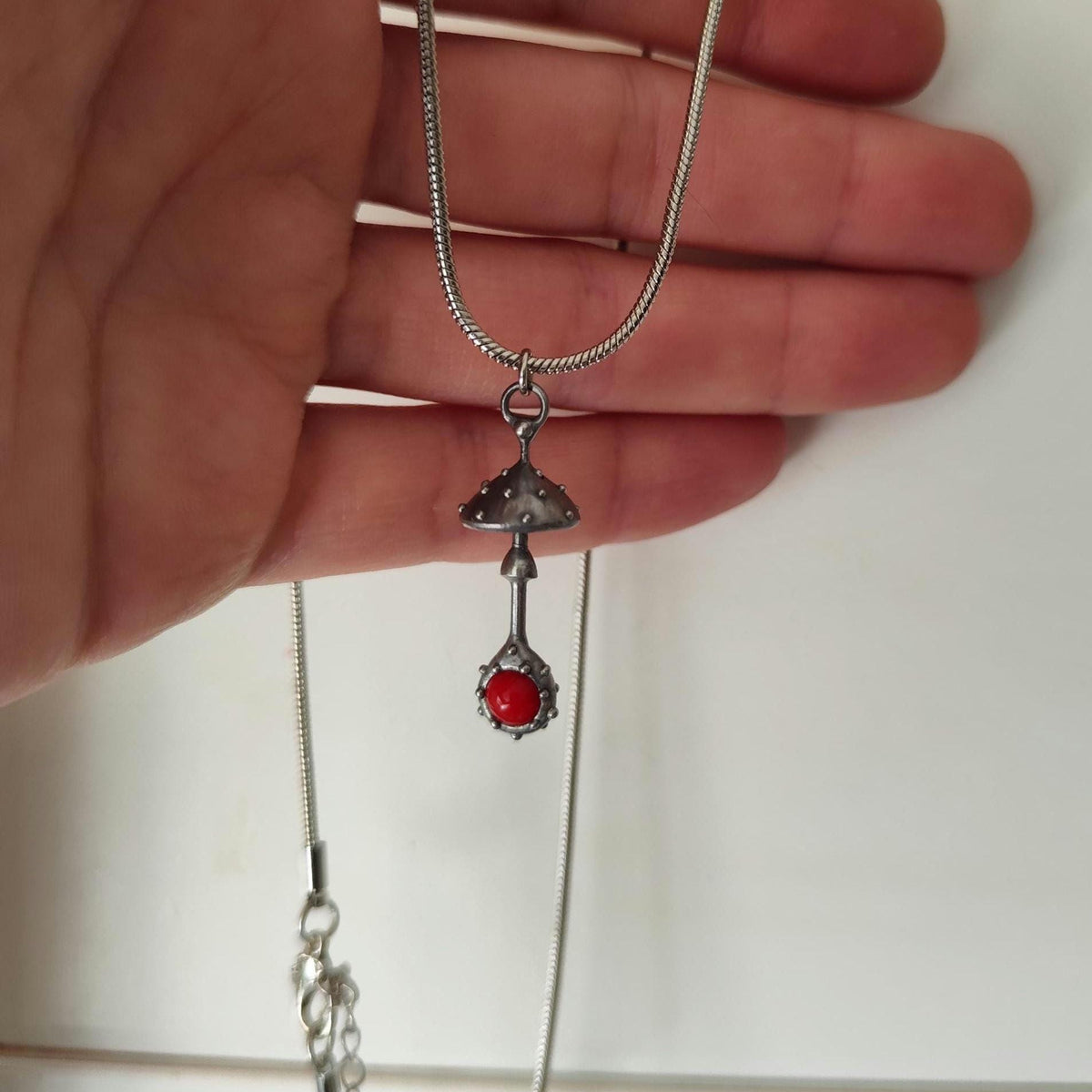 Red Glass Amanita Mushroom Pendant – Silver Tone
