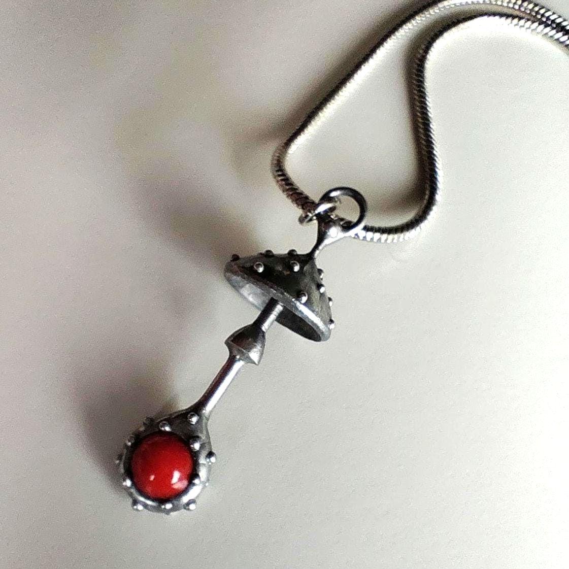 Red Glass Amanita Mushroom Pendant – Silver Tone