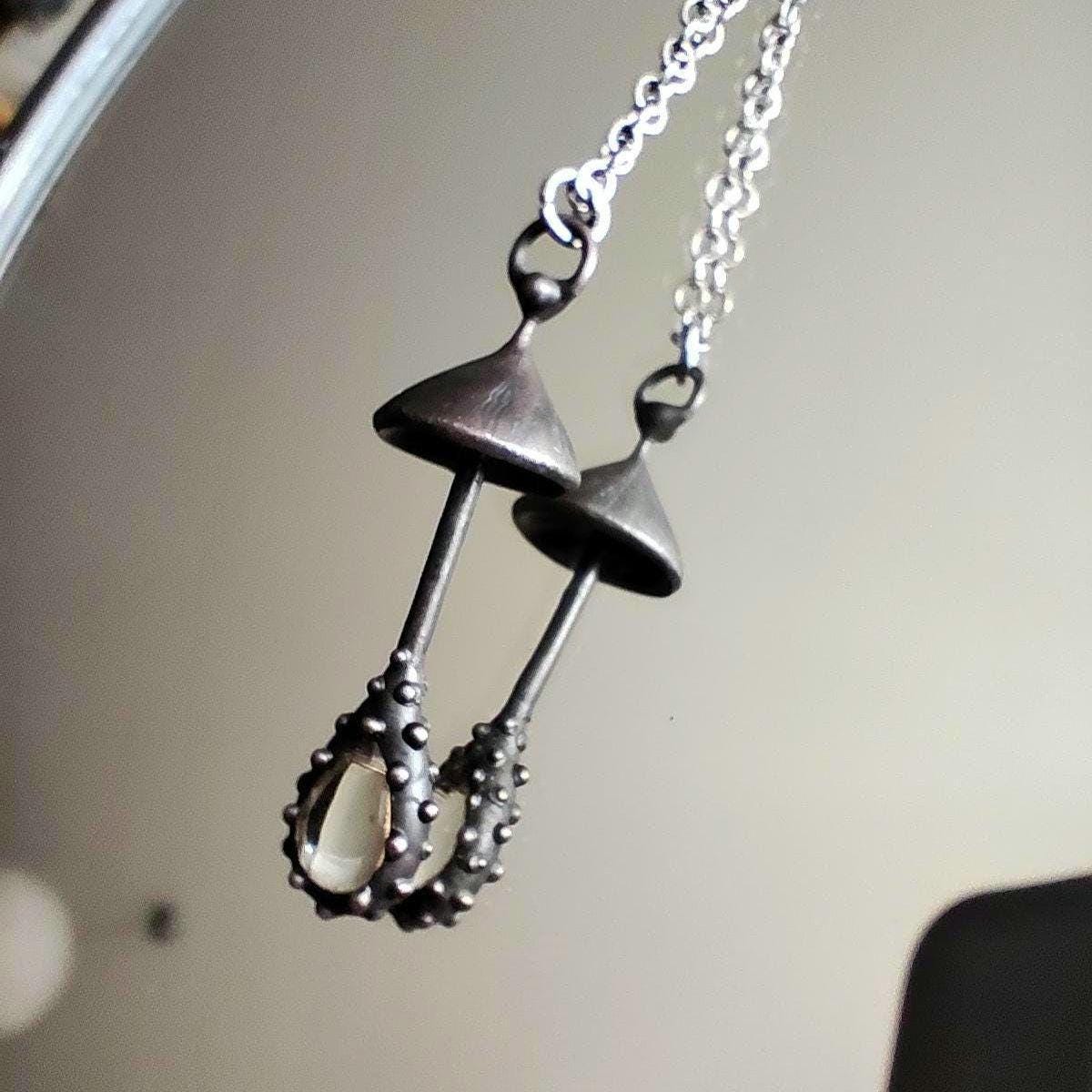 Clear Glass Mushroom Necklace – Blackened Copper & Pewter Forest