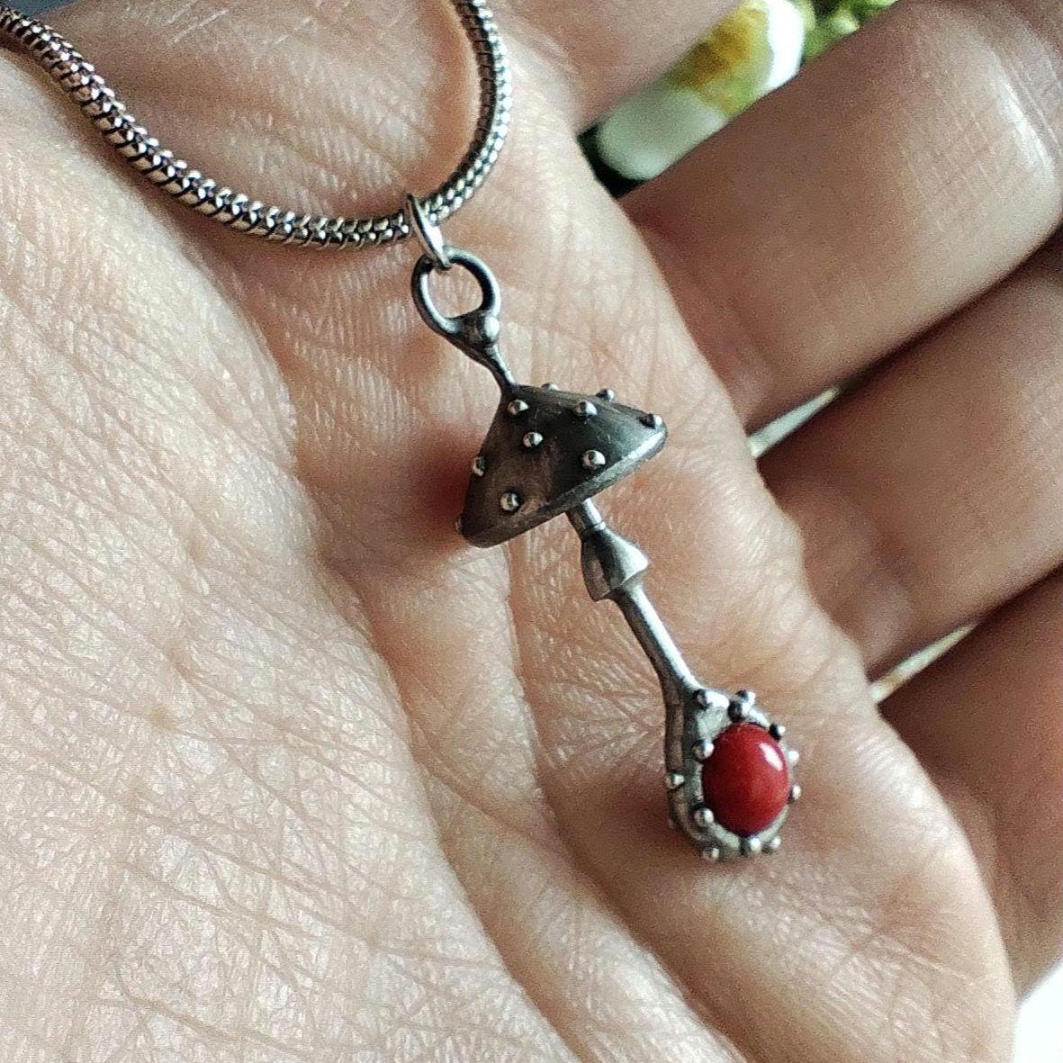 Red Glass Amanita Mushroom Pendant – Silver Tone