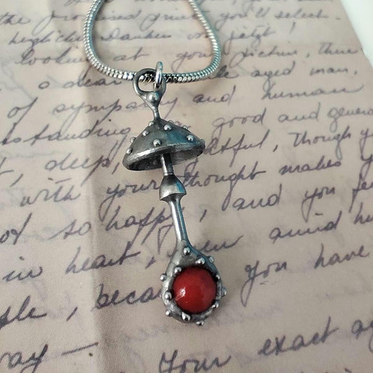 Red Glass Amanita Mushroom Pendant – Silver Tone