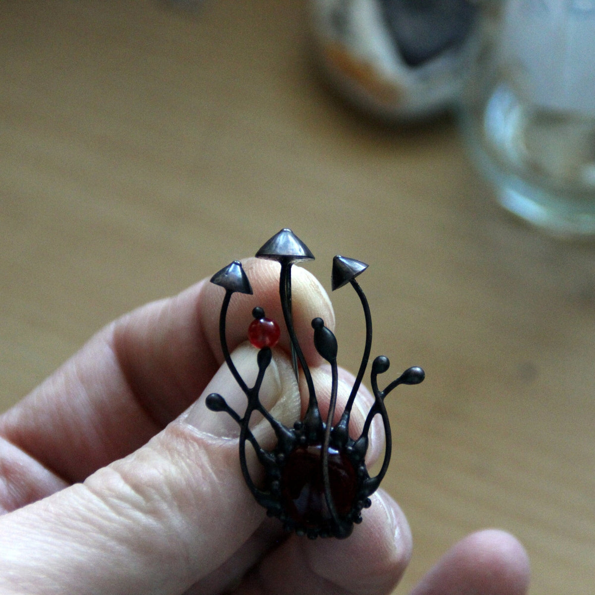 Red Stained Glass Mushroom Brooch – Blackened Copper