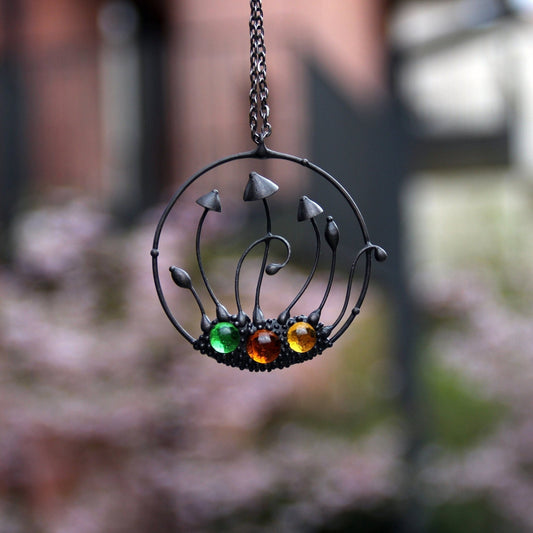 Multicolor Glass Mushroom Trio Necklace – Blackened Copper