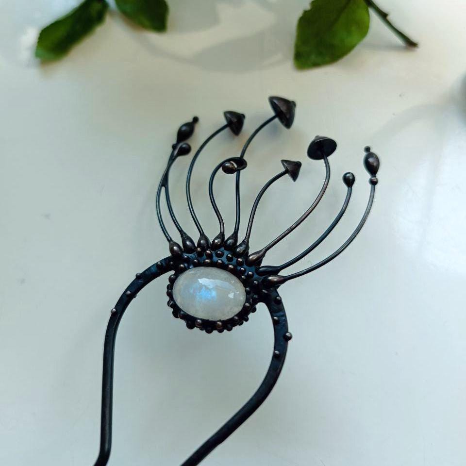 Moonstone Mushroom Hair Pin – Blackened Copper