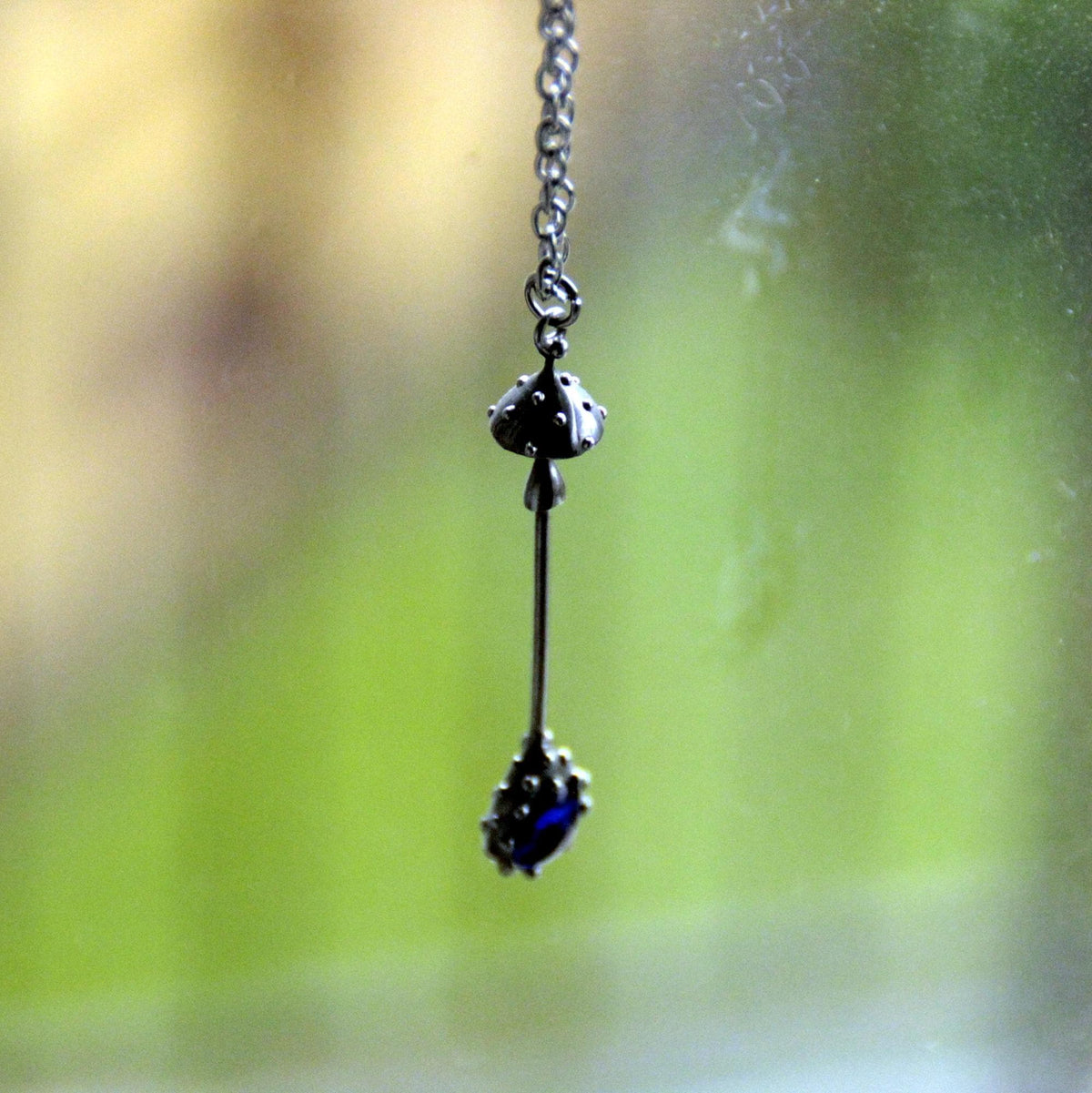 Blue Stained Glass Amanita Mushroom Necklace – Silver Tone