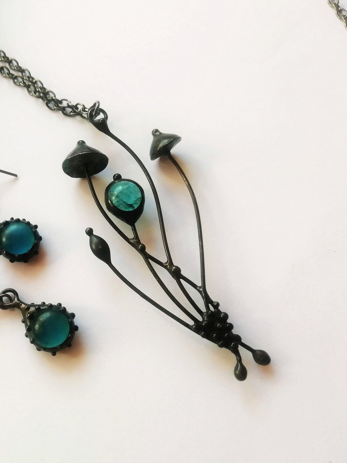 Blue Glass Mushroom Cluster Necklace – Blackened Copper