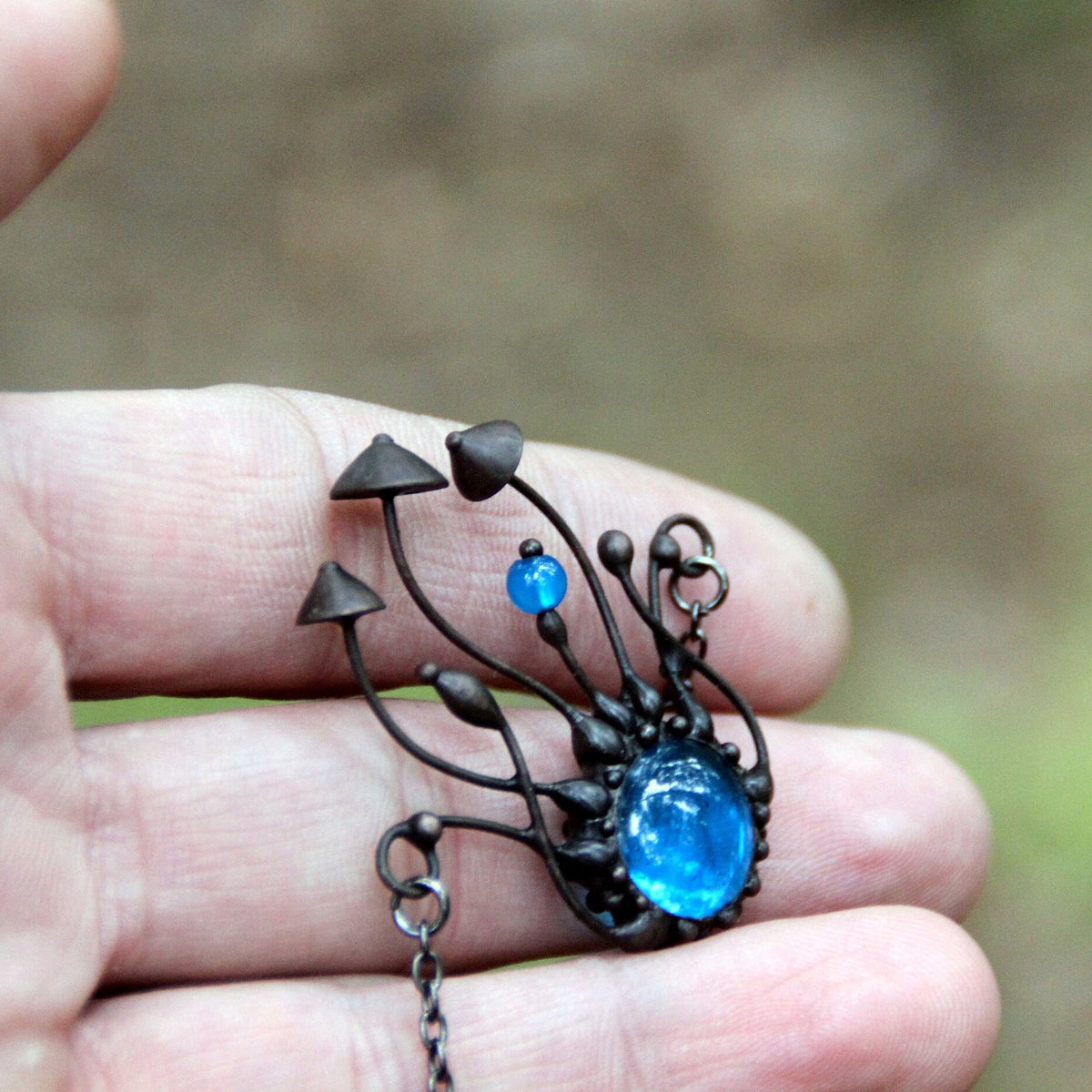 Blue Glass Mushroom Necklace – Blackened Copper & Pewter Forest Pendant – Woodland