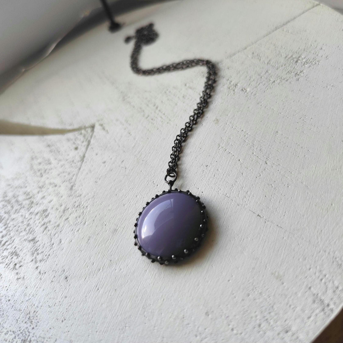 Purple Glass Circle Pendant Necklace – Blackened Copper