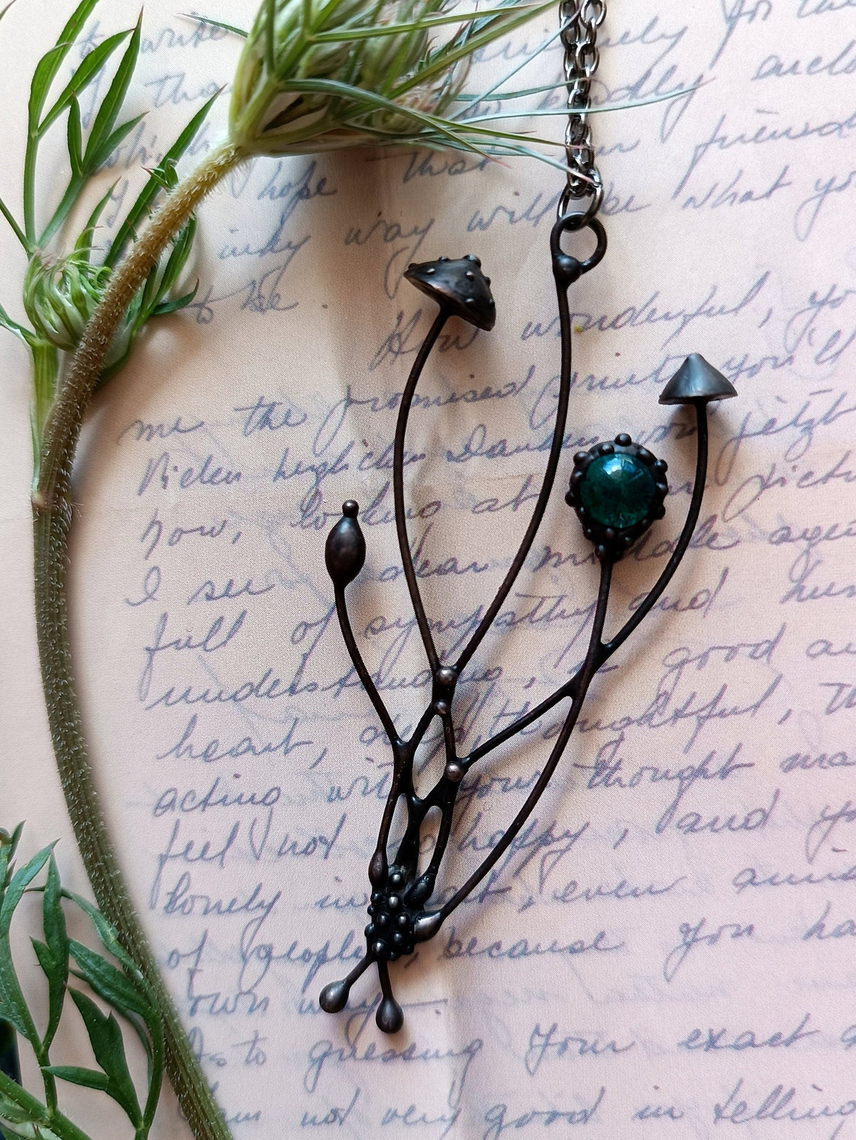 Green Glass Amanita Mushroom Necklace – Blackened Copper Forest Pendant – Botanical