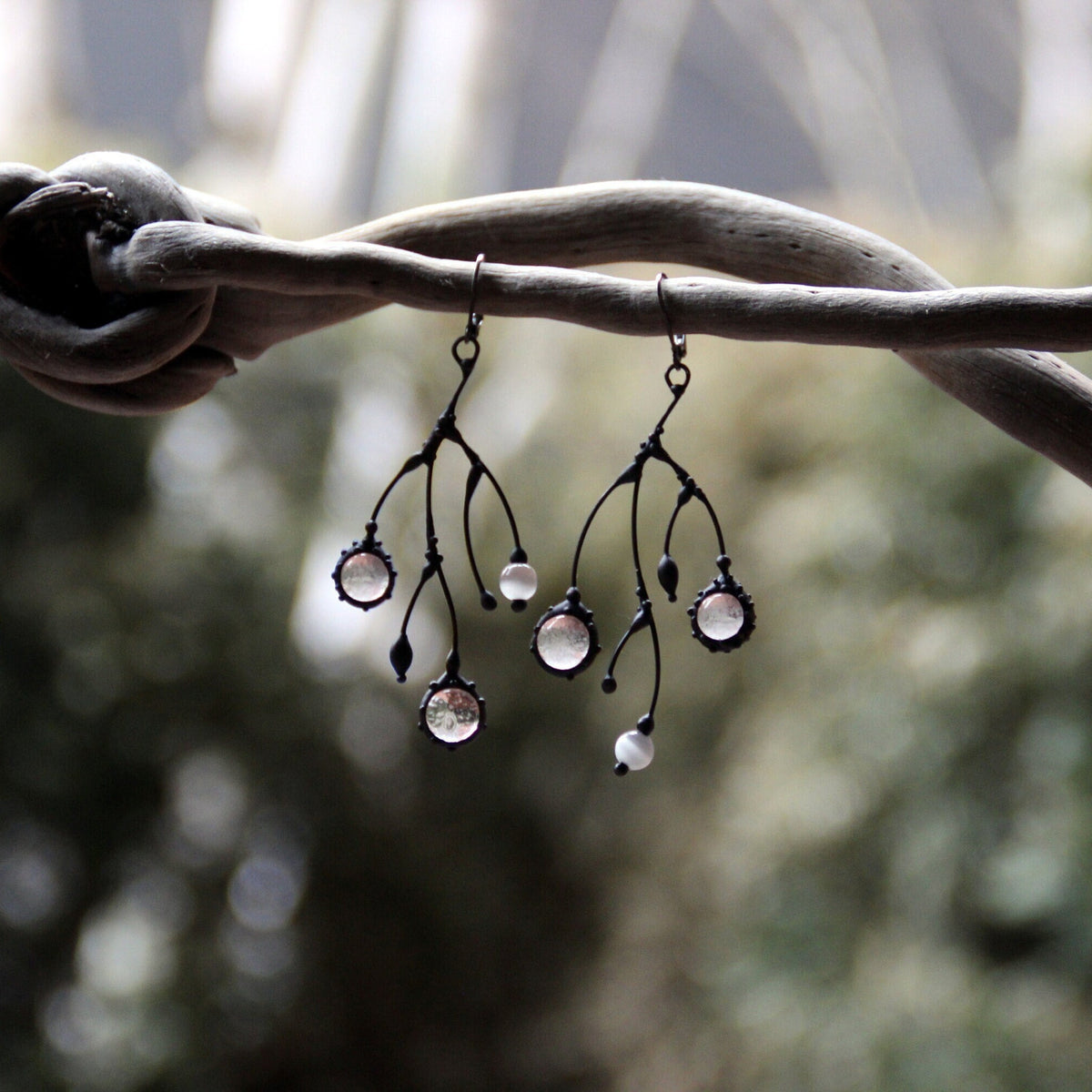 Clear Glass Branch Earrings – Blackened Copper