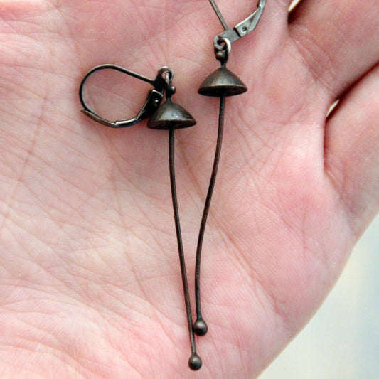 Minimalist Black Mushroom Long Stem Earrings – Copper & Pewter