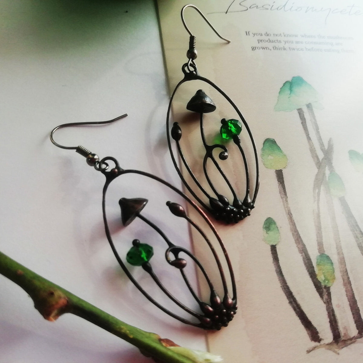Green Glass Mushroom Earrings – Blackened Copper