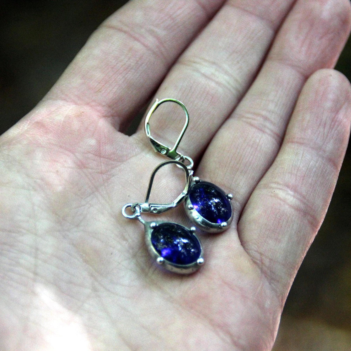 Blue Stained Glass Drop Earrings – Silver Tone